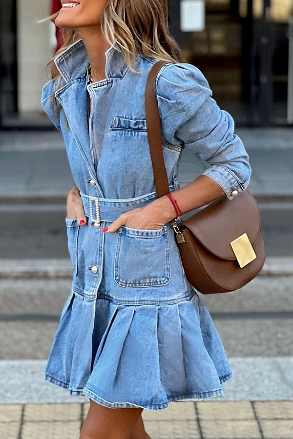 Sedona Pocketed Button Down Belt Denim Dress