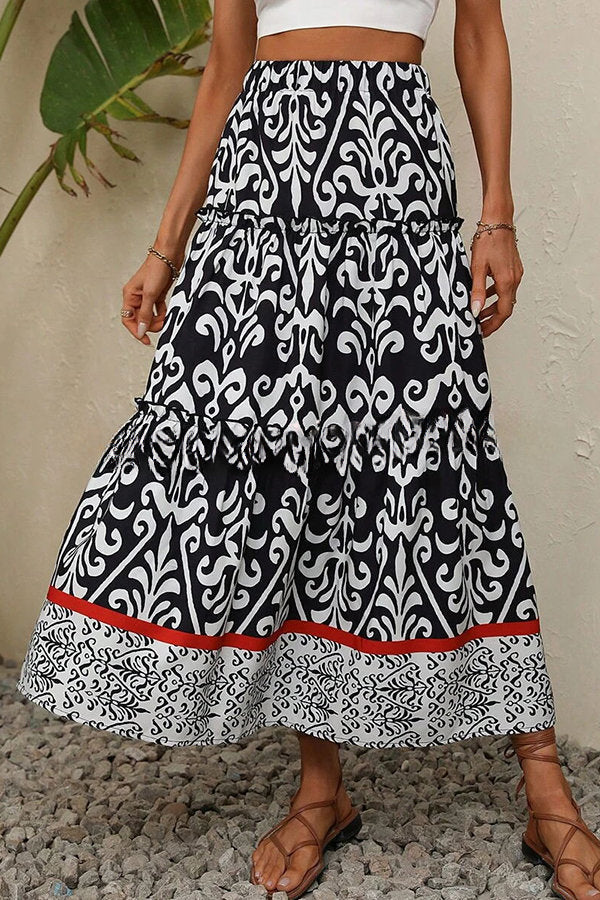 Rosine Ethnic Print Elastic Waist Tiered Midi Skirt