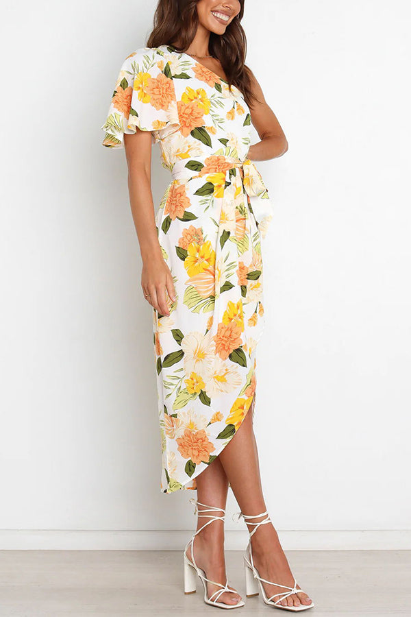 Kaycie Floral One Shoulder Belted Wrap Midi Dress