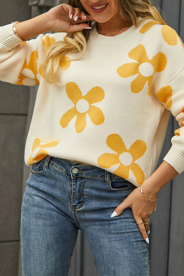 Floral Print Color Block Pullover Long Sleeve Sweater