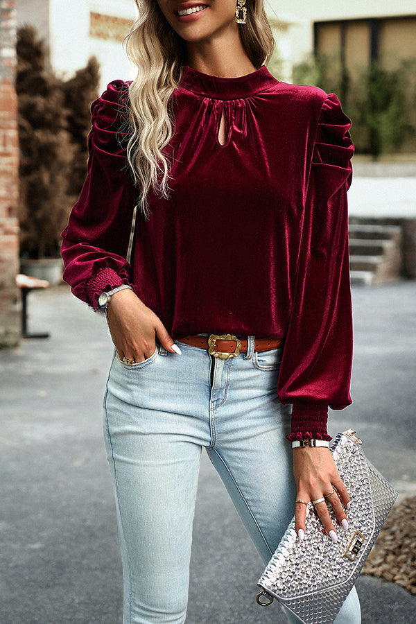 Perbai Bowknot Back Puff Long Sleeves Velvet Top