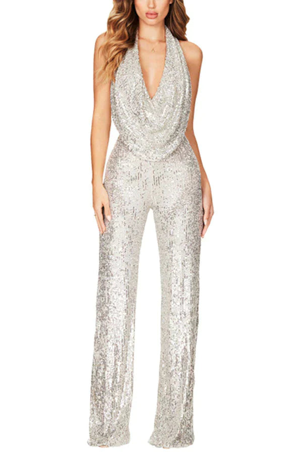 Shimmering Halter Style Drape Neck Wide Leg Jumpsuit