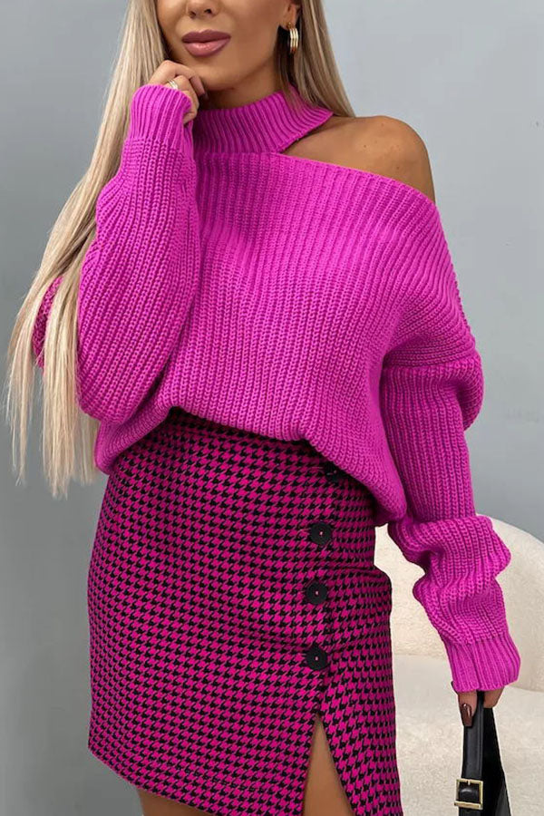 In My Fun Era Knit Shoulder Cutouts Turtleneck Loose Sweater