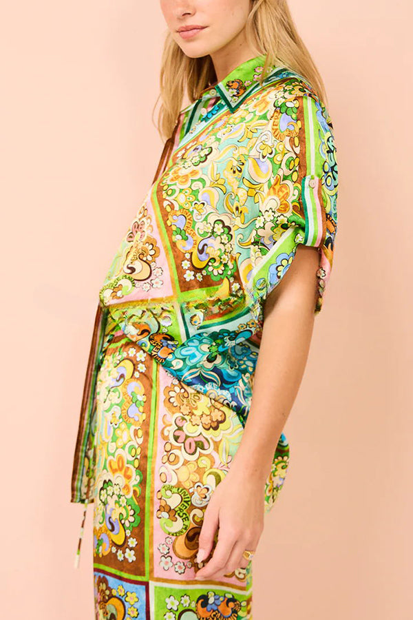 Effortlessly Stylish Satin Paisley Color Block Print Button Down Oversized Blouse