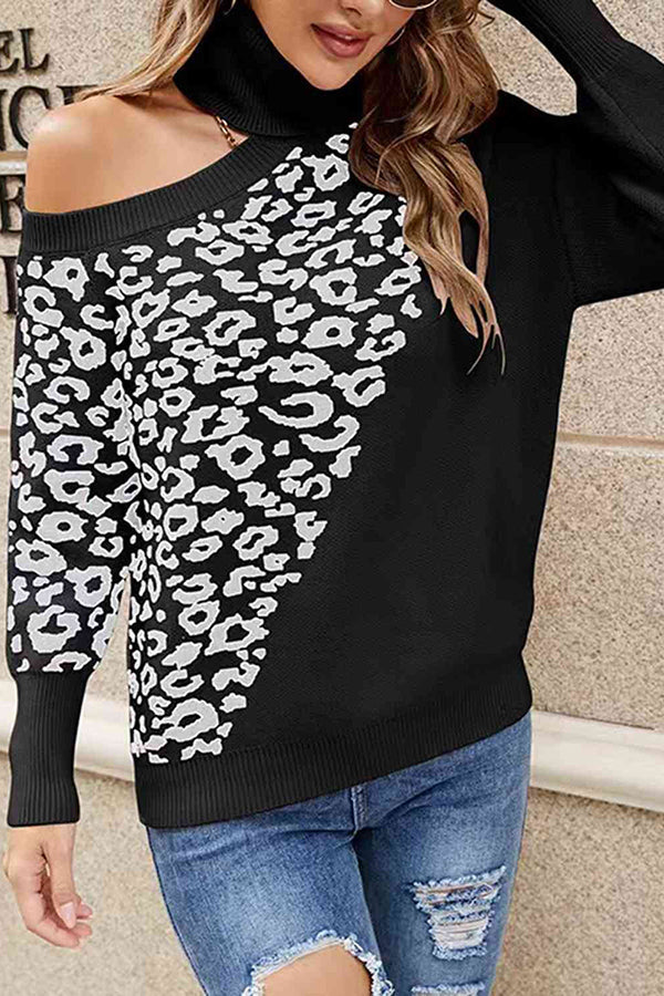 Best Mentor Leopard Print Long Sleeve One Shoulder Sweater