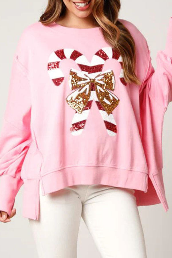 Candy Cane Lane Sequined Pullover Long Sleeved Sweatshirt