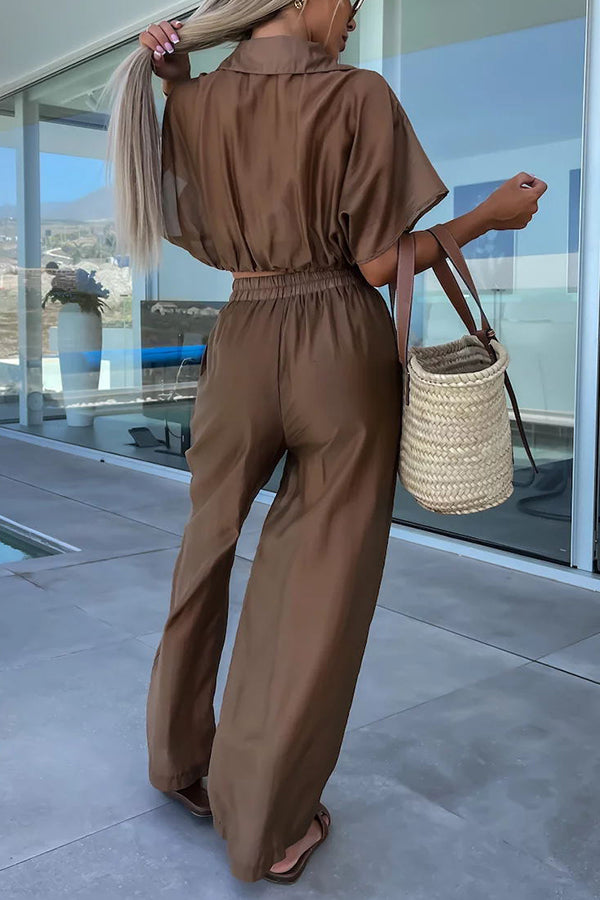 First Choice for Vacation Wrap Blouse and Pocketed Elastic Waist Pants Set