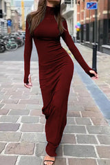 Need and Want Turtleneck Solid Long Sleeves Stretch Maxi Dress