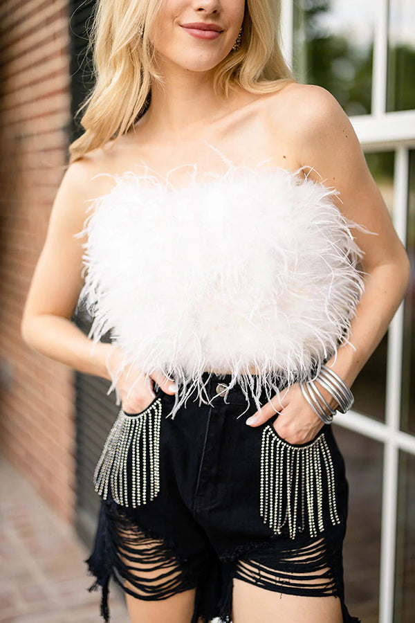 Fancy Night Out Off Shoulder Feather Crop Top