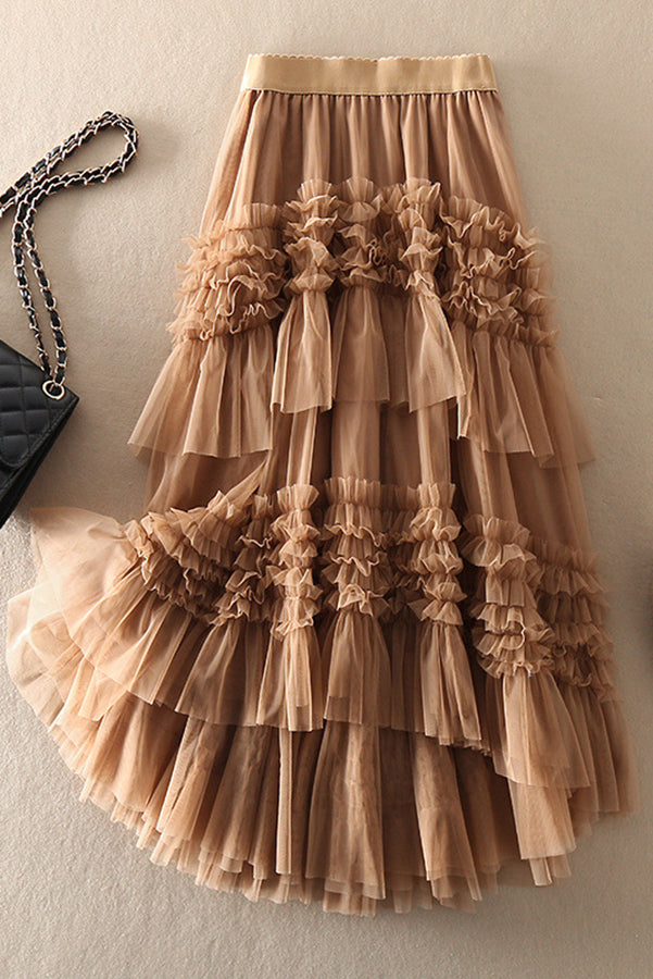 Elegant Mood Tulle Pleated Ruffle Elastic Waist Tiered Midi Skirt