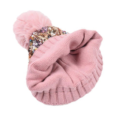 Sequined plush thickened warmth detachable knit hat