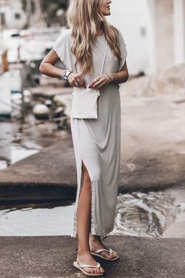 Simple and Effortless Open Sleeve Slit Oversized T-shirt Midi Dress