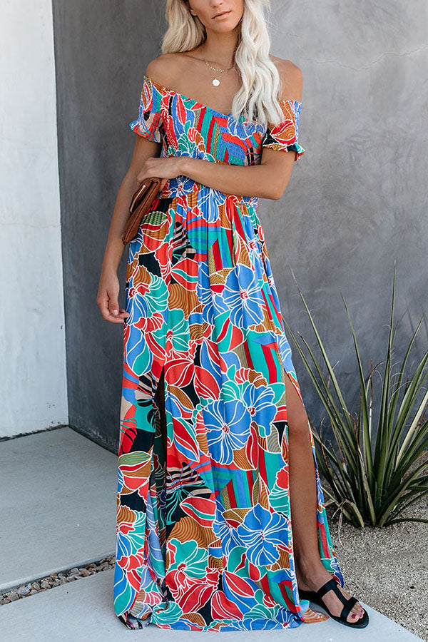 Put It In Print Smocked Slit Maxi Dress