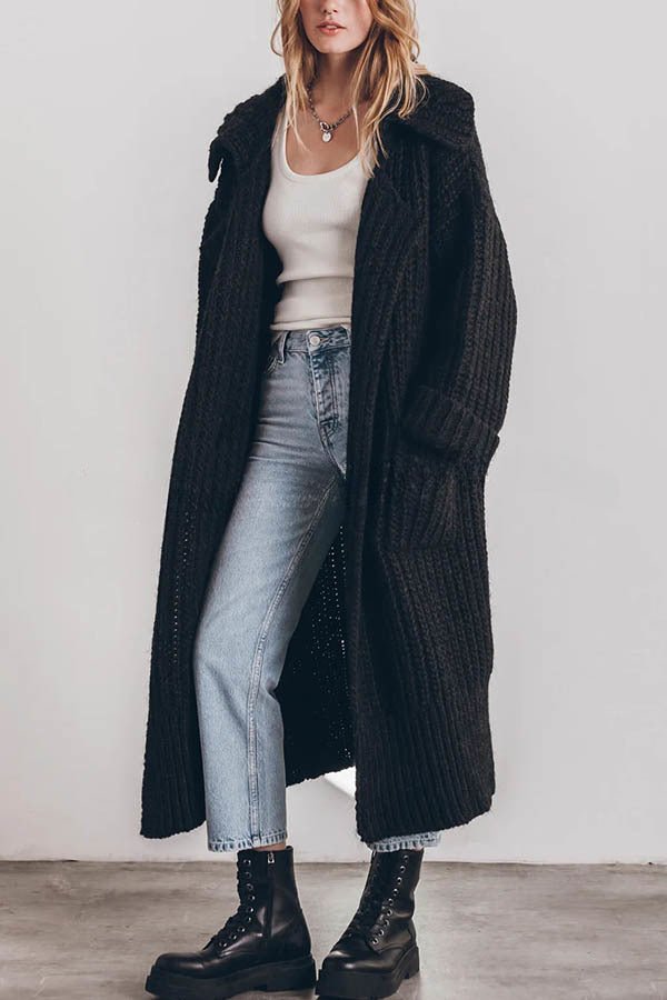 Chunky and Warm Knit Button Pocketed Oversized Midi Cardigan