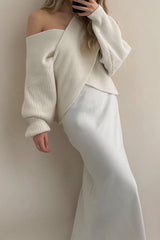 Vanilla Ice Cream Knit Ribbed Front Center Cross Loose Sweater