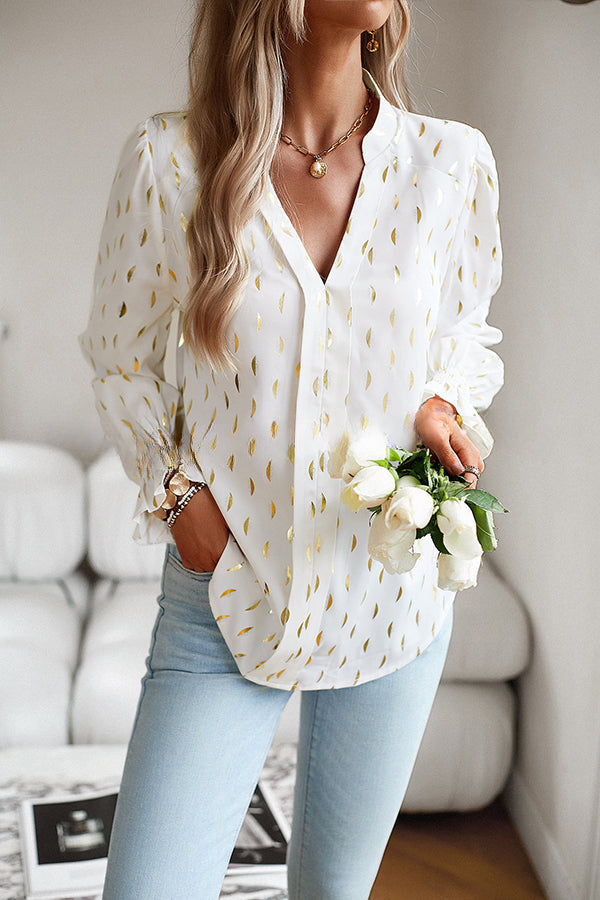 Printed V Neck Pullover Long Sleeved Shirt