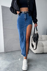 Updated Style Denim High Waisted Slit Irregular Midi Skirt