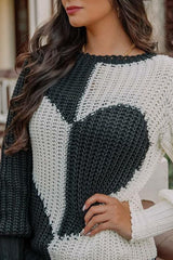 Round Neck Bell Sleeves Heart Contrast Knitted Long Sleeved Sweater