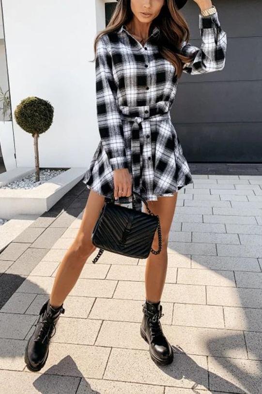 V Neck Plaid Shirt Dress