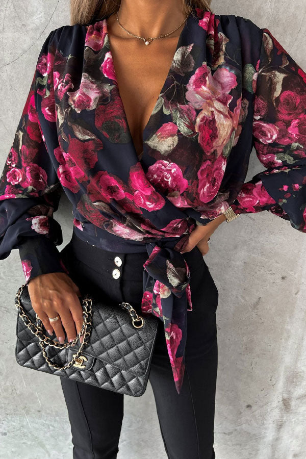 Sexy V-neck Print Tie Blouse