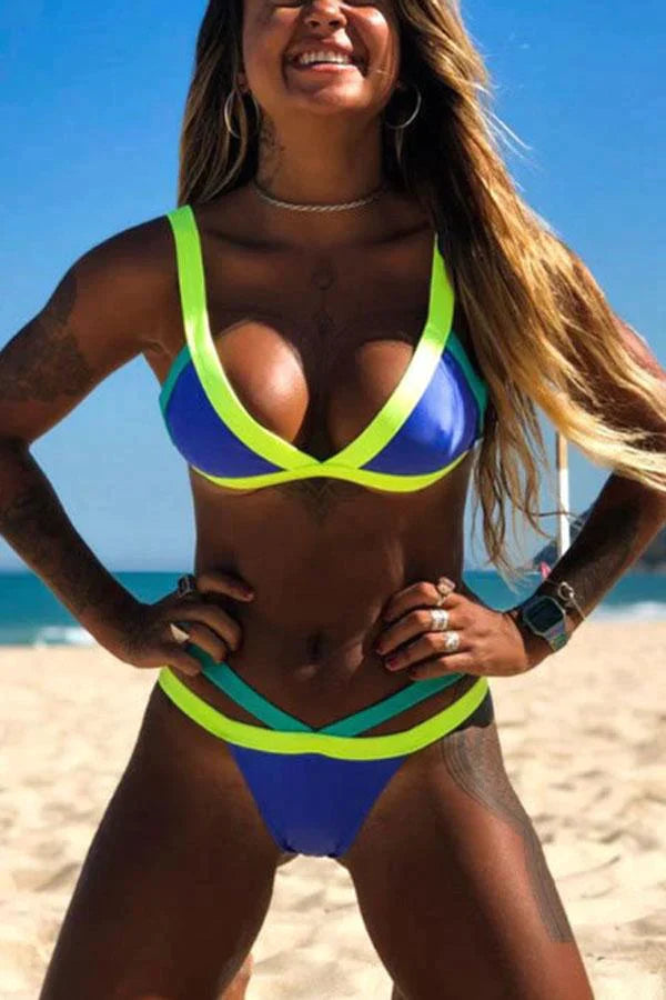 Fluorescent Color Block Stitching Bikini