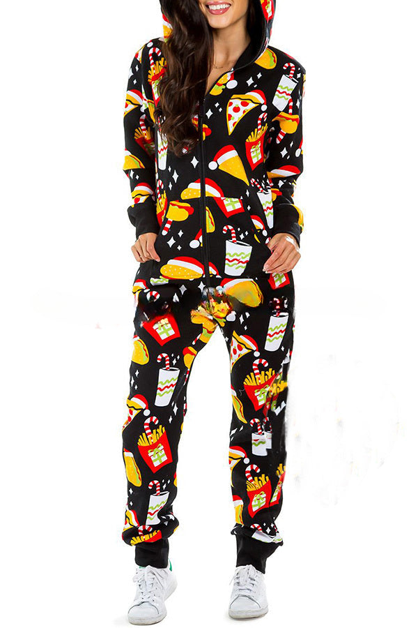 Loungewear-Overall mit Weihnachtsdruck, Reißverschlusstaschen und Kapuze