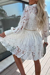 Lace Hollow Button Long Sleeve Mini Dress