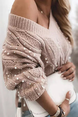 Too Elegant V Neck Pullover Beaded Long Sleeve Sweater