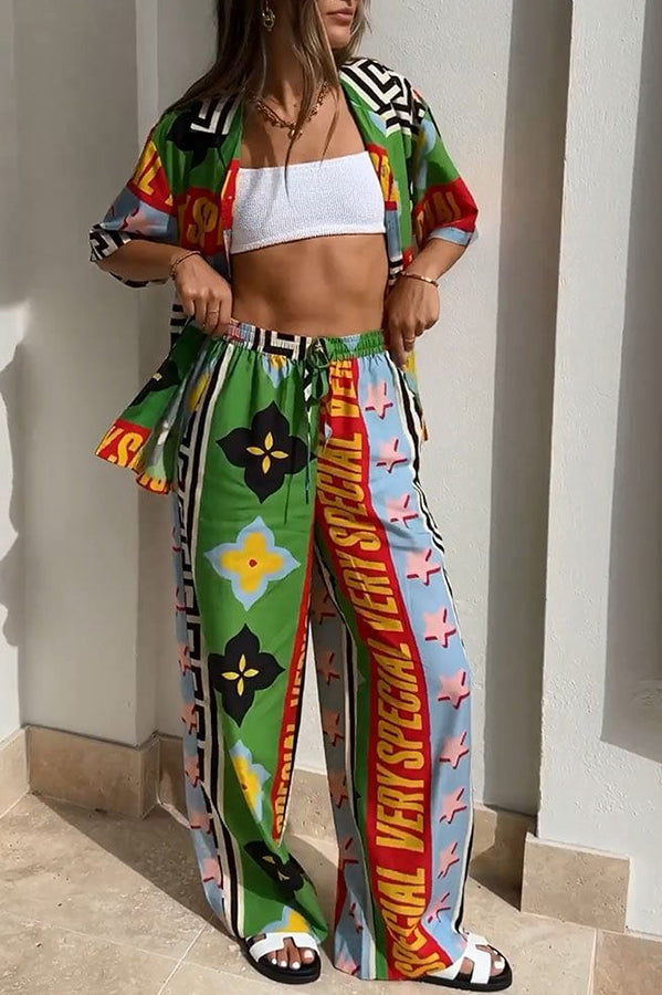 Very Geo Printed Button Down Top and Elasticated Waist Pocket Wide Leg Pants Set