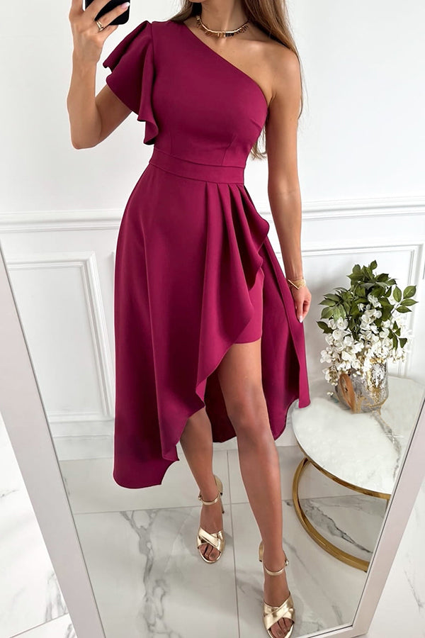 Charming Vibes One Shoulder Ruched Slit High Low Midi Dress