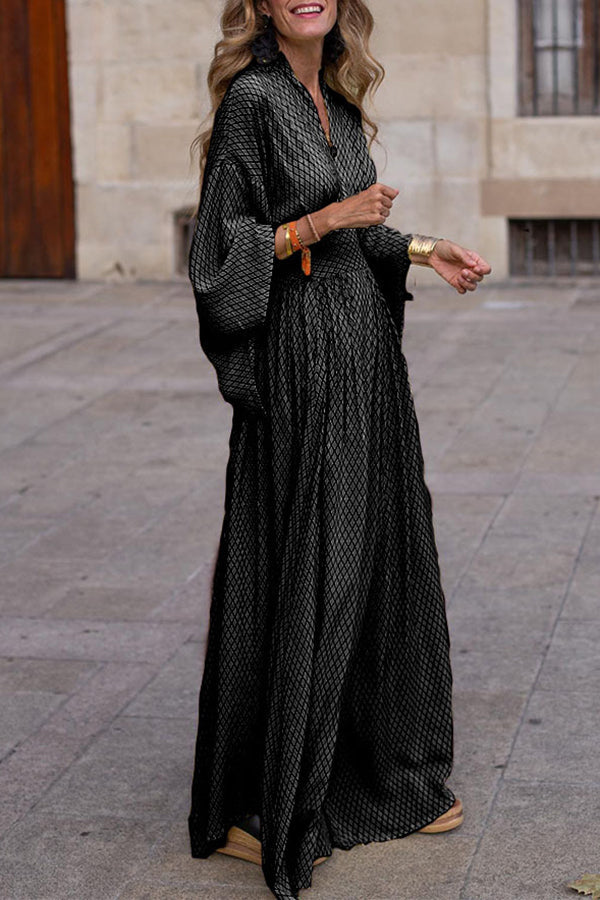 Geometric Print V Neck Long Sleeve Maxi Dress