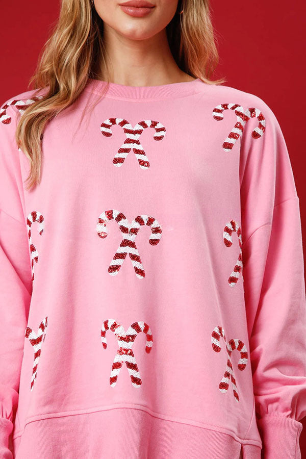 Sequined Candy Cane Crew Neck Pullover Sweatshirt