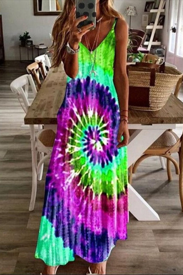 Rainbow Tie Dye Swirl Print Slip Maxi Dress