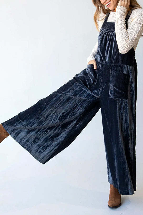 Comfy and Cute Velvet Tie-Back Pocketed Wide Leg Overalls