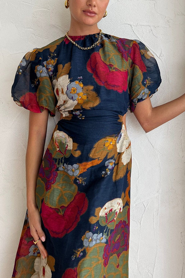 Our Greatest Love Watercolor Floral Puff Sleeve Cutout Elastic Waist Maxi Dress