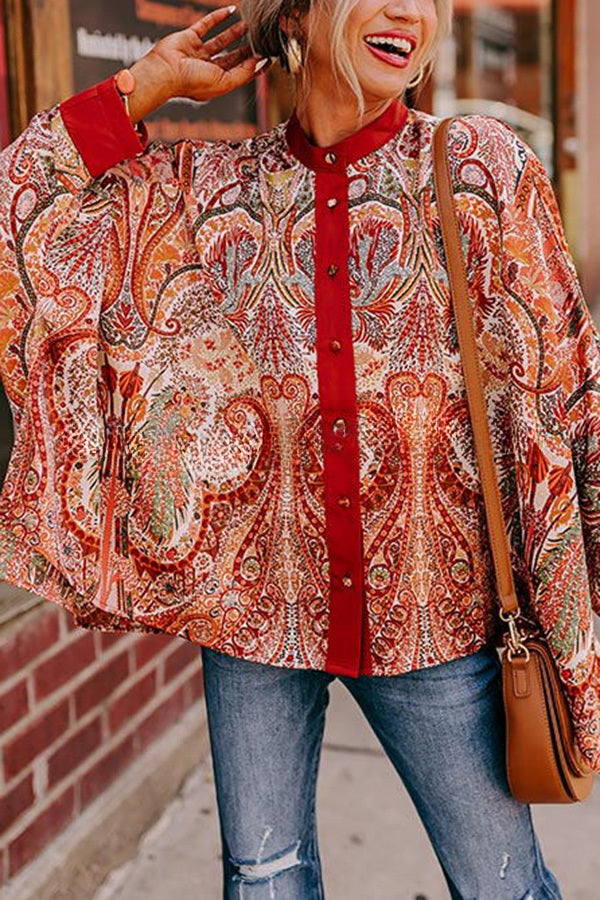 Boho Beauty Satin Abstract Print Dolman Sleeve Loose Blouse