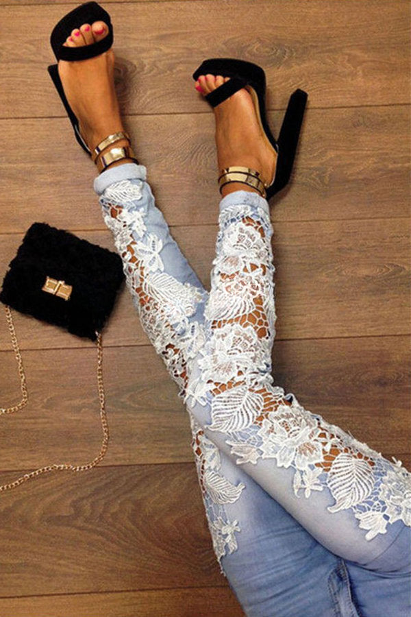 Sexy Side Lace Crochet Appliques Stretch Jeans