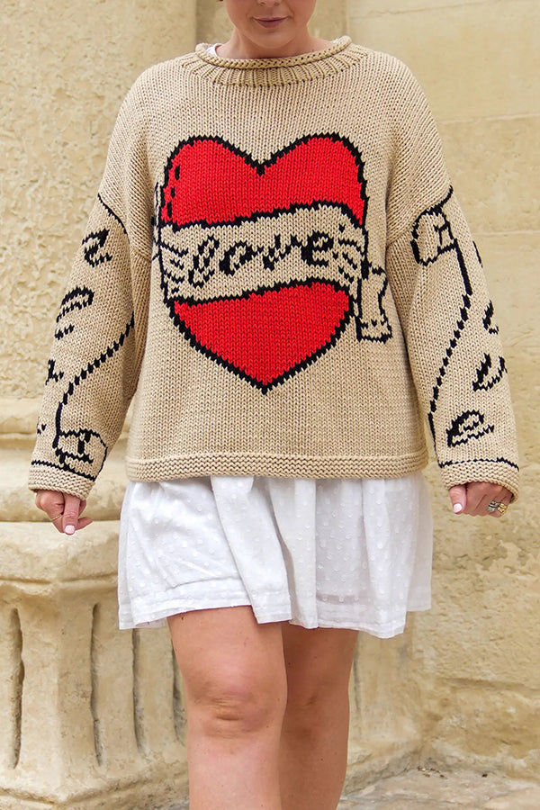 Love Is A Gift Creative Love Pattern Knit Loose Pullover Sweater