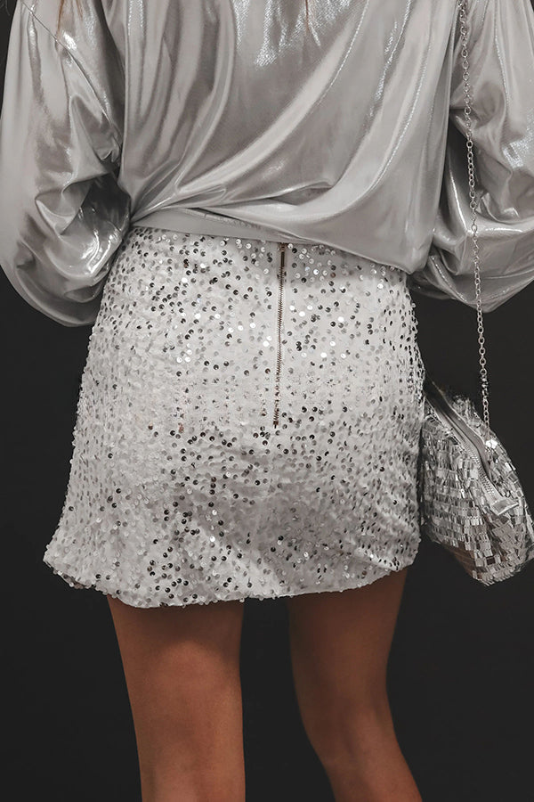 Eye Catching Sequined Back Zip High Slit Skirt