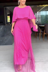 Time for A Toast Tulle Cape Bat Sleeves Pleated Tie Up Maxi Dress