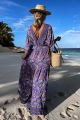 Ocean Sunset Paisley Print Boho Maxi Dress