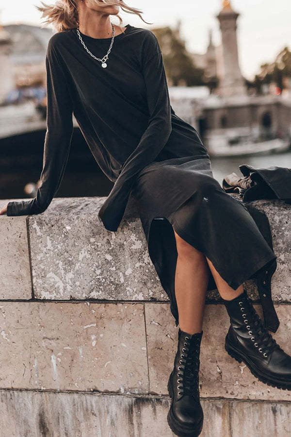 The Bedisse Cotton Blend Long Sleeve Relaxed Slit Midi Dress