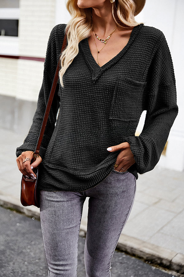 Snao V Neck Knitted Patchwork Pocket Long Sleeve Top