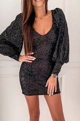 Puff sleeve deep V-neck tight sequin dress