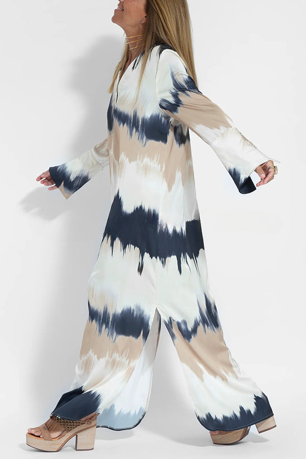 Tie Dye V Neck Pullover Long Sleeve Maxi Dress