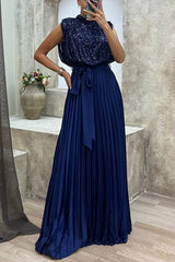 See You At The Party Sequin Patchwork Belt Pleated Maxi Dress