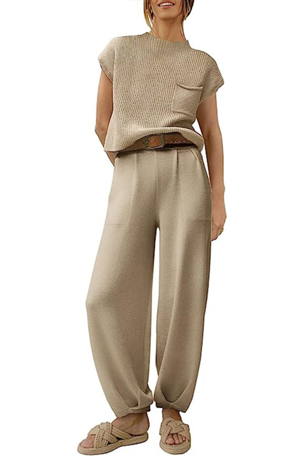 Short Sleeved Knitted Pullover Pleated Harem Pants Lounge Two Piece Set