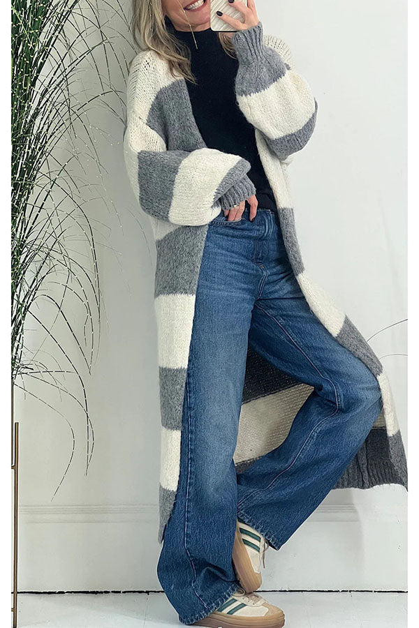 Perfect Alternative Knit Colorblock Open Front Oversized Midi Cardigan