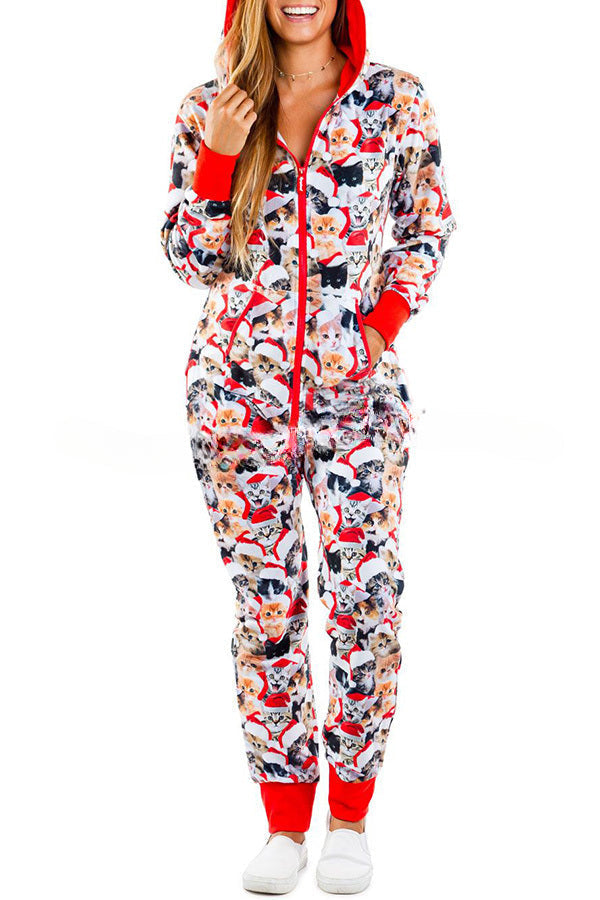 Loungewear-Overall mit Weihnachtsdruck, Reißverschlusstaschen und Kapuze