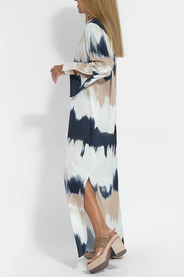 Tie Dye V Neck Pullover Long Sleeve Maxi Dress